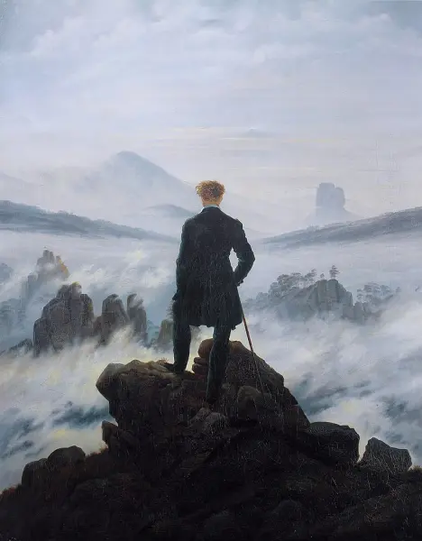 <p>Caspar David Friedrich. <em>Viandante sul mare di nebbia.</em> 1817. Olio su tela. Amburgo, Museo d'Arte</p>
