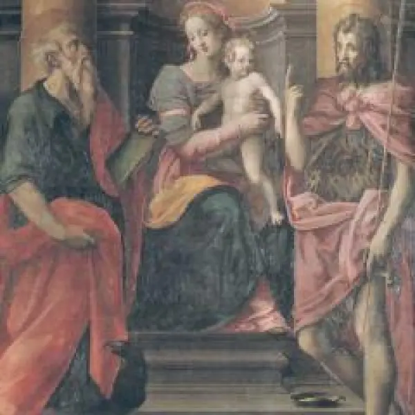 <p>Mcihele di Ridolfo del Ghirlandaio. Madonna col Bambino e i Santi Giovanni Battista e Giovanni Evangelista. 1560 ca. Olio su Tavola lignea. cm. 231 x 191. Bagno di Romagna, Basilica di Santa Maria Assunta. Foto delle autrici del testo.</p>