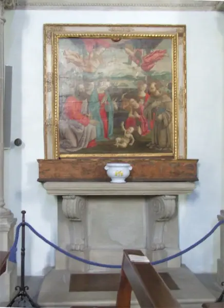 <p>Veduta dell'altare con la pala della Natività del Maestro del Tondo Borghese. 1590 ca.Bagno di Romagna, Basilica di Santa Maria Assunta. Foto delle autrici del testo.</p>