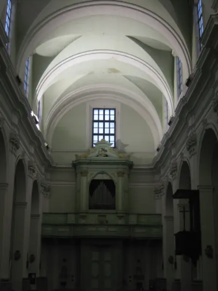 Interno della Chiesa Collegiata, vista dal presbiterio, dettaglio sullorgano, Santarcangelo