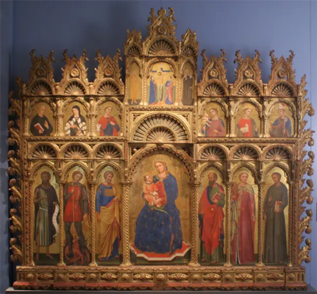 Jacobello da Bonomo.Polittico con la Vergine in trono e santi. 1385. Tempera su tela gessata su tavola. cm. 247X255 Museo Storico Archeologico di Santarcangelo