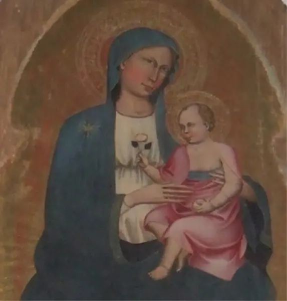 <p>Maestro di Sant'Ivo. Madonna della rosa. Dett. 1410 ca. cm 103 X 57,5 Bagno di Romagna, Basilica di Santa Maria Assunta. Foto delle autrici del testo.</p>