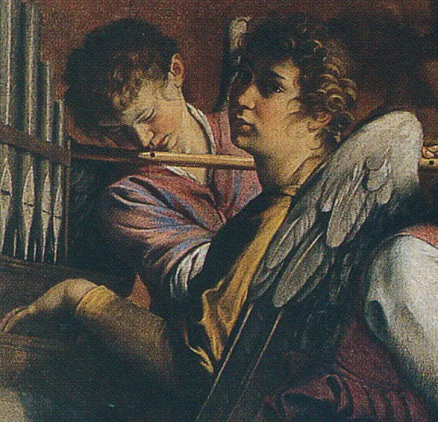 Orazio Gentileschi. Circoncisione. 1605-07 ca. Part. con gli angeli musicanti. Olio su tela. cm. 390X252. Ancona, Pinacoteca Comunale.