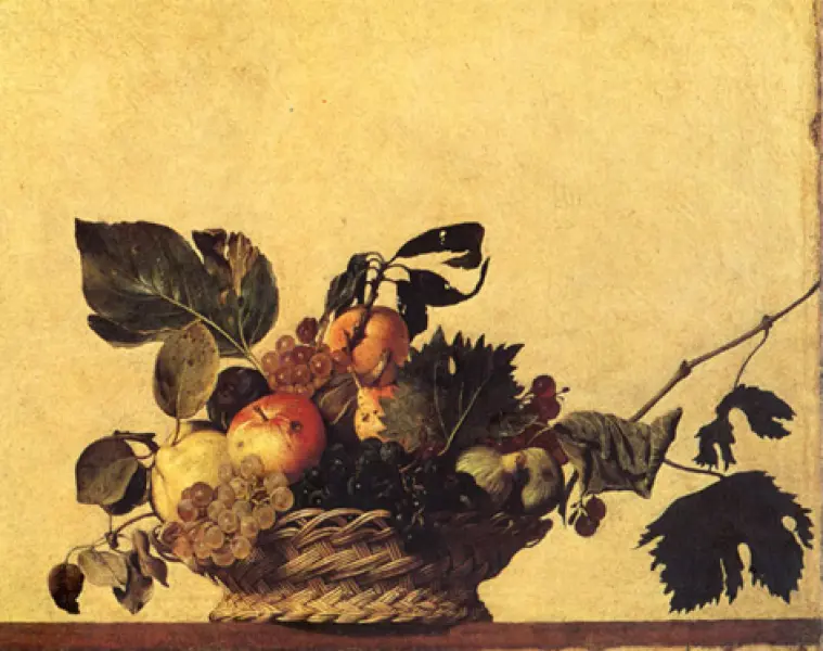 Caravaggio. Canestra di frutta. 1596 ca. Olio sui tela. cm.46X64. Milano, Pinacoteca Ambrosiana.