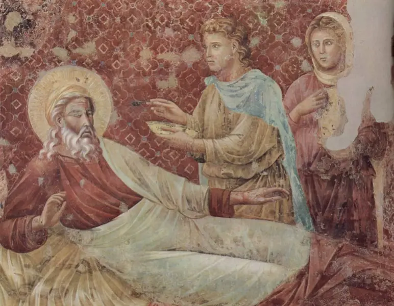 Maestro di Isacco (?).  Isacco assiste  Abramo.1295-97 ca. Affresco. interno della Basilica Superiore di San Francesco. Assisi