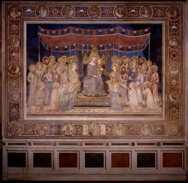 Simone Martini. Maestà. Veduta d'insieme. 1315. Affresco con inserti in vetro, foglia d'oro e punzonatura, smalti, carta. cm. 763X970. Siena, Palazzo Pubblico.