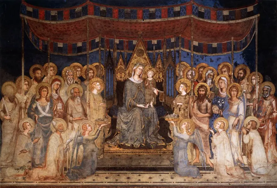 Simone Martini. Maestà. 1315. Affresco con inserti in vetro, foglia d'oro e punzonatura, smalti, carta. cm. 763X970. Siena, Palazzo Pubblico.