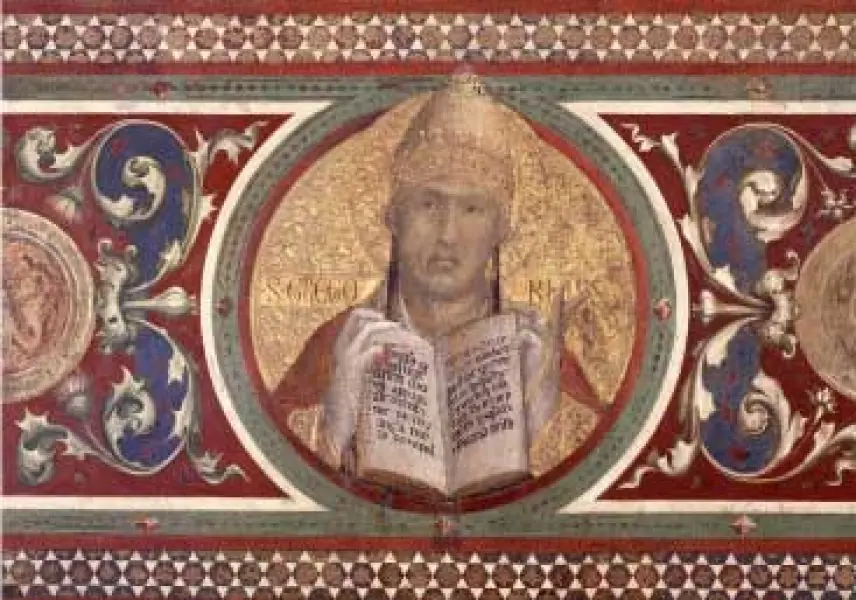 Simone Martini. Maestà. Part. della cornice con san Gregorio. 1315. Affresco con inserti in vetro, foglia d'oro e punzonatura, smalti, carta. cm. 763X970. Siena, Palazzo Pubblico.