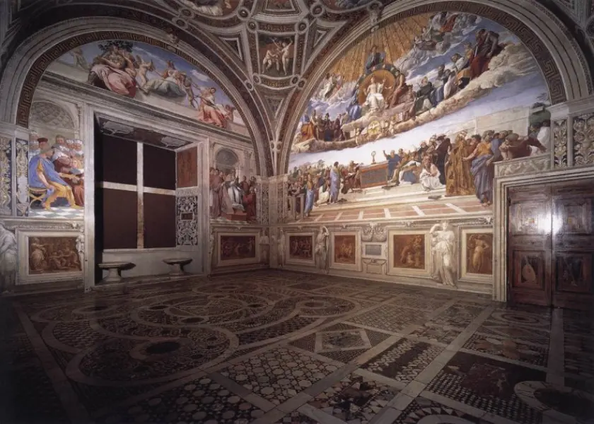 Raffaello Sanzio. Stanza della Segnatura. Veduta con la Disputa del Sacramento. 1509-10. Affresco. Roma, Vaticano.