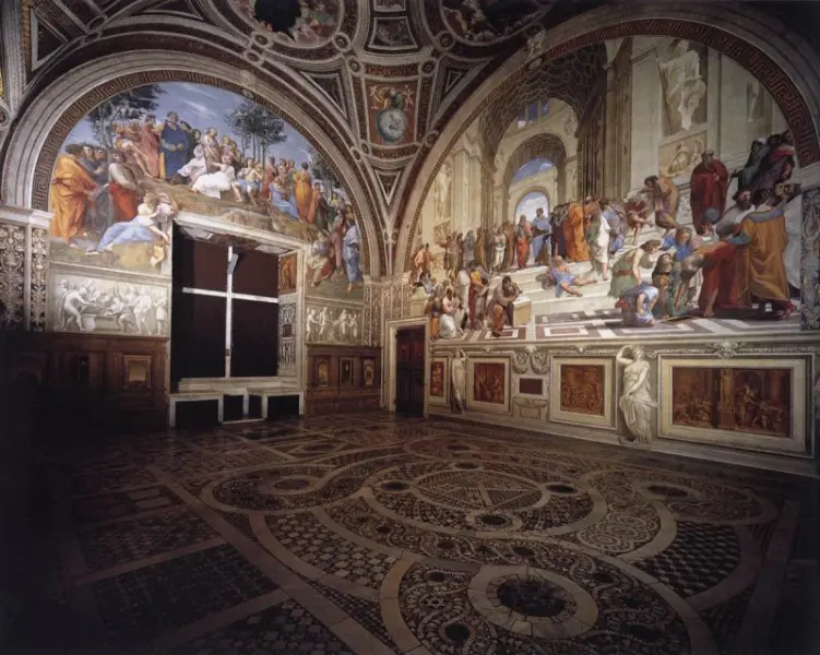 Raffaello Sanzio. Stanza della Segnatura. Veduta con la Scuola di Atene. 1509-10. Affresco. Roma, Vaticano.