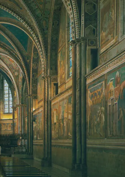 Giotto e aiuti. Storie di San Francesco. 1296-1304. Affresco. Veduta della parete destra. Assisi, Basilica di San Francesco.