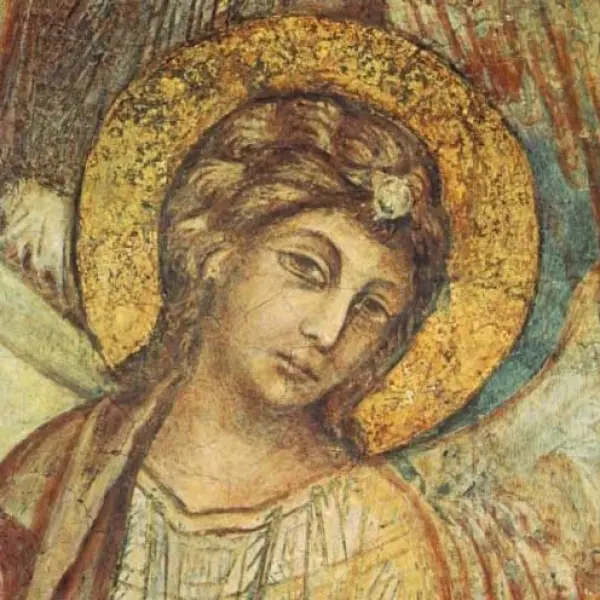 Cimabue. Angelo. Dett. dell'affresco con la Madonna in trono, quattro angeli e San Francesco. Assisi, Chiesa Inferiore di san Francesco.