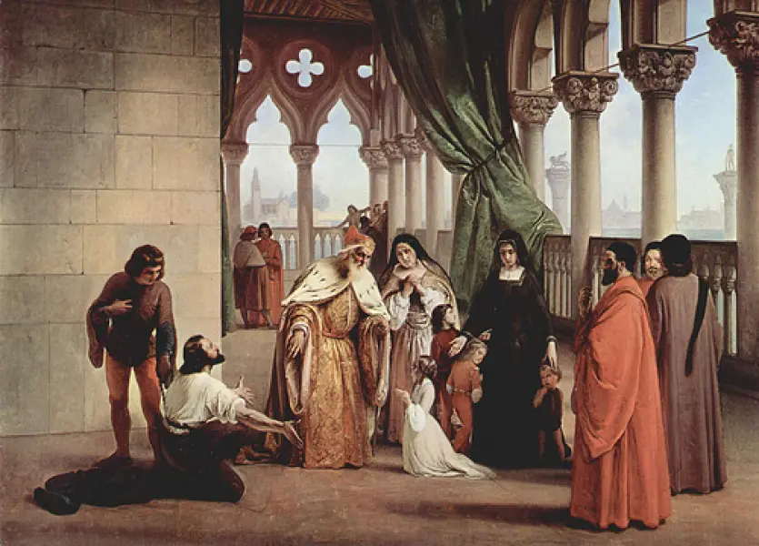 Francesco Hayez. L'ultimo addio del figlio del doge Foscari alla sua famiglia. 1844. Olio su tela. cm. 120X167. Firenze, Galleria d'Arte Moderna.