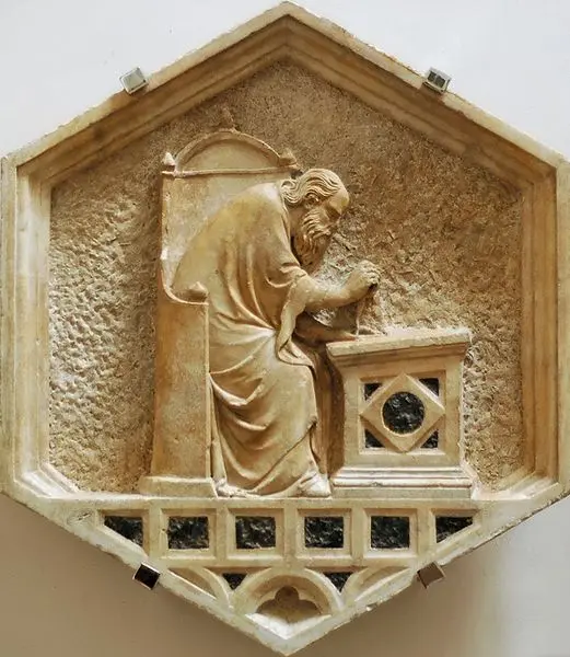 Nino Pisano. Euclide. Formella dal campanile di Giotto. Marmo. Museo dell'Opera del Duomo. Firenze