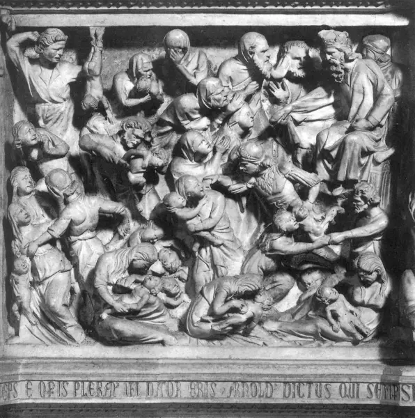 Giovanni Pisano. Pulpito di sant'Andrea.1297-1301. Strage degli innocenti. Marmo. Chiesa di Sant'Andrea, Pistoia.