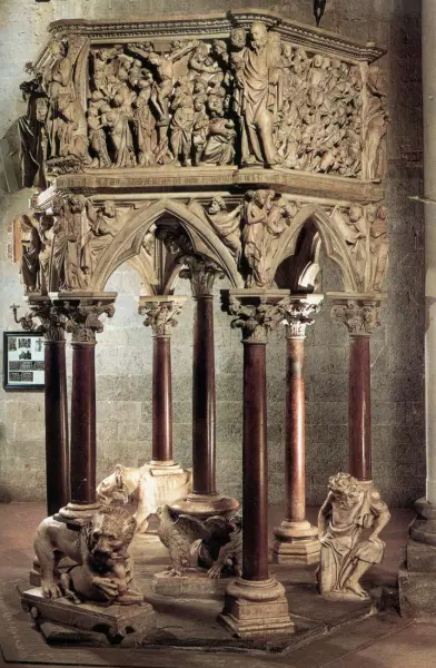 Giovanni Pisano. Pulpito di sant'Andrea.1297-1301. Marmo. h. 455 cm. Chiesa di Sant'Andrea, Pistoia.