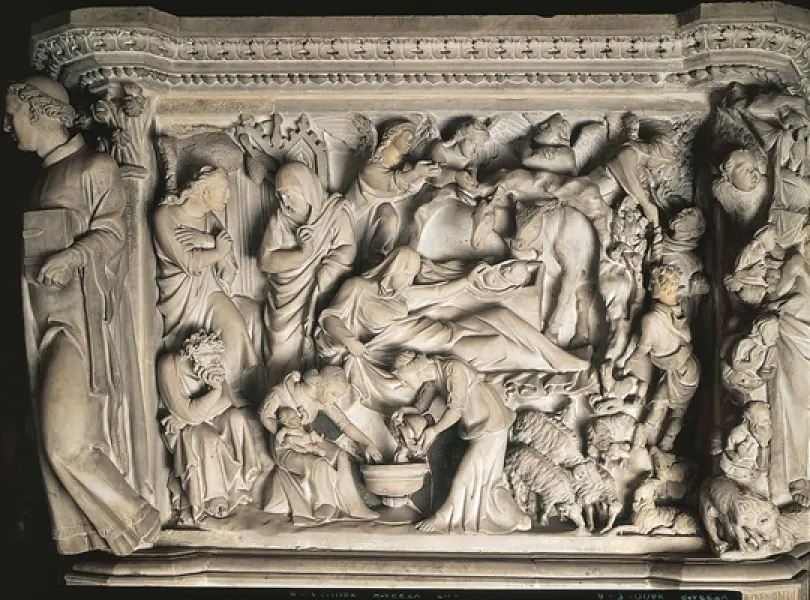 Giovanni Pisano. Pulpito di sant'Andrea.1297-1301. Annunciazione e Natività. Marmo. Chiesa di Sant'Andrea, Pistoia.