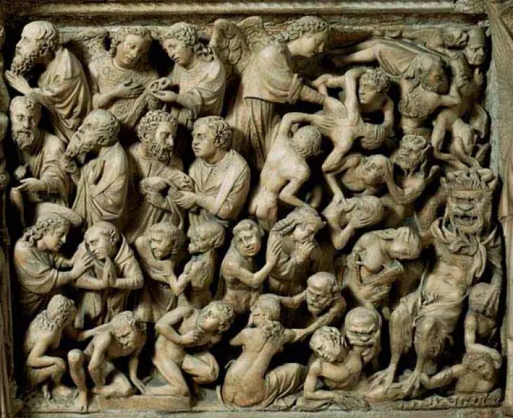 Giovanni Pisano. Pulpito di sant'Andrea.1297-1301. Dett del Giudizio universale. Marmo. Chiesa di Sant'Andrea, Pistoia.