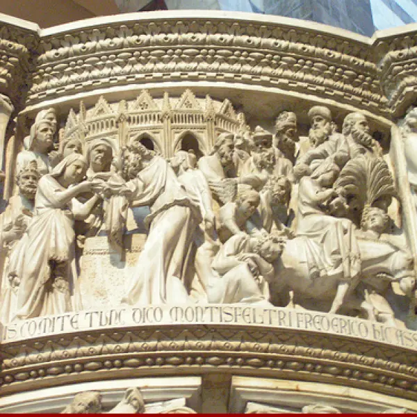 Giovanni Pisano. Pulpito di Pisa. 1302-1310. Presentazione al tempio. Marmo. Duomo di Pisa.