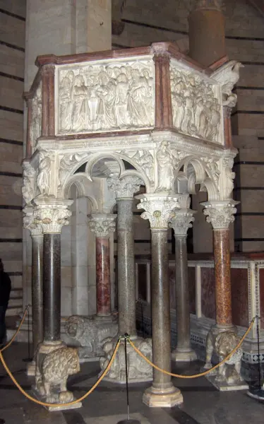 Nicola Pisano. Pulpito. 1260. Marmo e granito. h. 465 cm. Pisa, Battistero.
