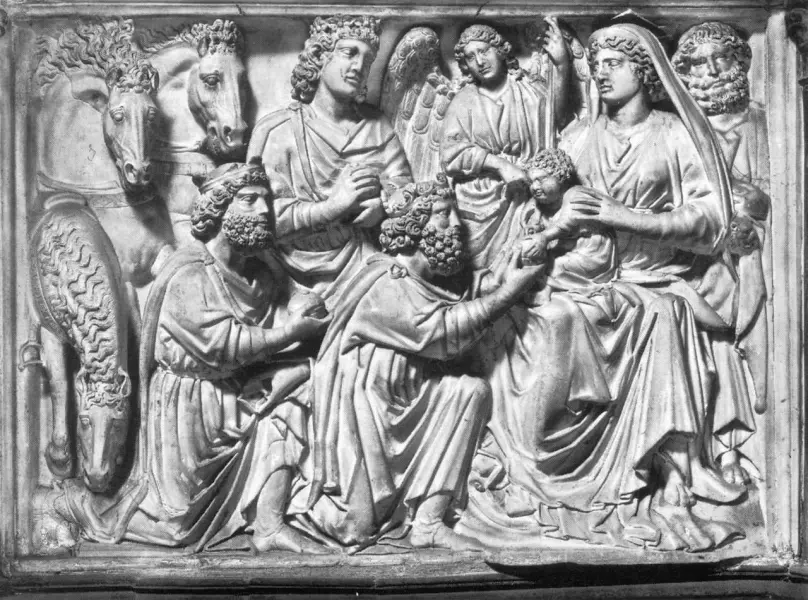 Nicola Pisano. Adorazione dei Magi. 1260. Marmo.  Pulpito del Battistero di Pisa.