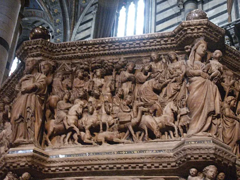 Nicola Pisano e aiuti. Pulpito. Dett. con l'Adorazione dei Magi. 1266-69. Marmo. h.cm. 460. Siena, Duomo.