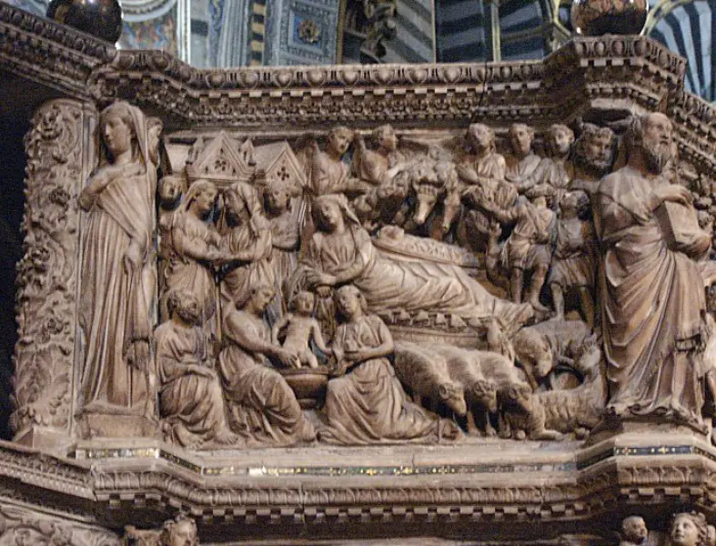 Nicola Pisano e aiuti. Pulpito. Dett. con la Natività. 1266-69. Marmo. h.cm. 460. Siena, Duomo.