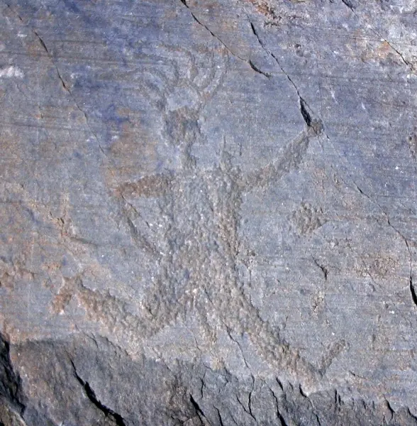 Sacerdote che corre. Neolitico. Graffito su pietra.  Parco nazionale delle incisioni rupestri della Valcamonica. Capo di Ponte