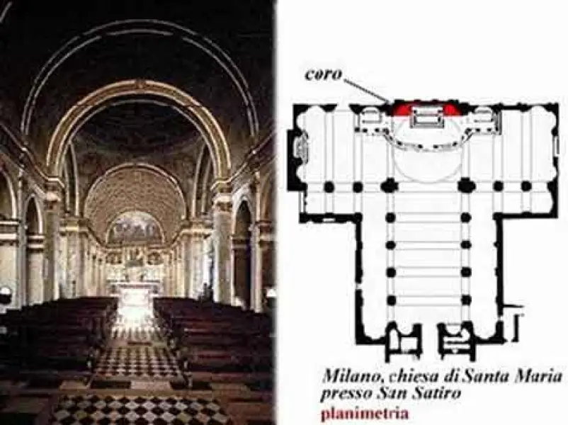 Donato Bramante. Interno e pianta di Santa Maria presso San Satiro. 1482-86. Milano