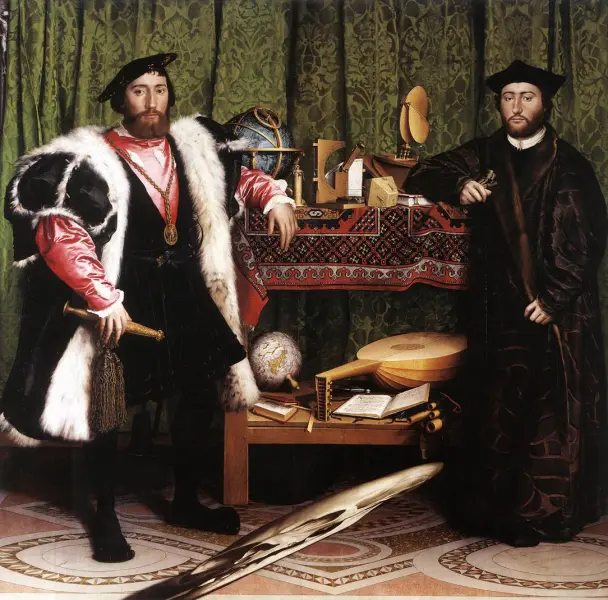 Hans Holbein. Gli ambasciatori. 1533.
In basso al centro è presente l'anamorfosi di un teschio.