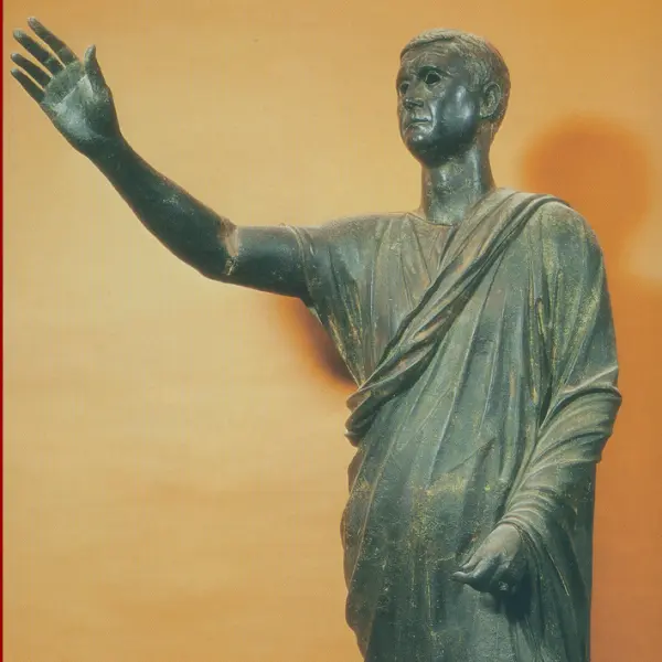 Arringatore. Dett. Ritratto di Aulo Metello. Fine II-inizio I sec. a. C. Bronzo. Firenze, Museo Archeologico Nazionale.