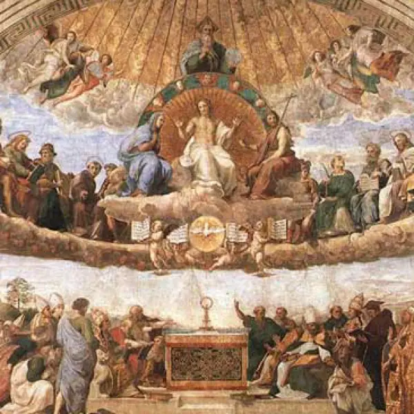 Raffaello Sanzio. Disputa del sacramento. 1509-10. Dett. con la Trinità. Affresco. Roma, Palazzi Vaticani.