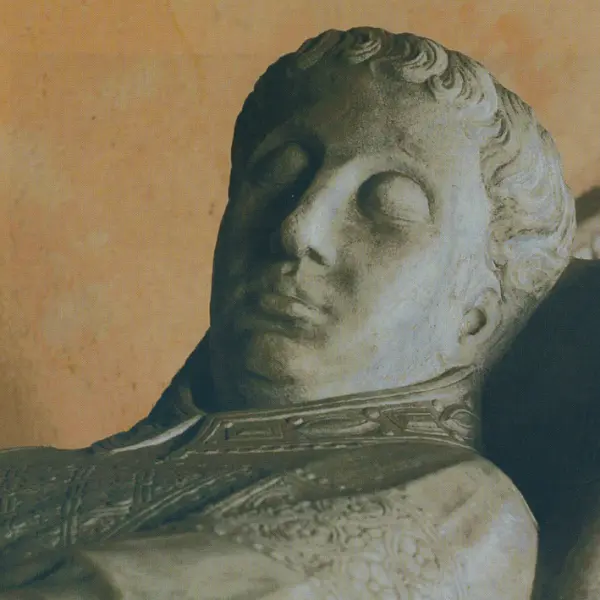 Arnolfo di Cambio. Monumento Annibaldi. Part. della testa del giacente. 1276. Marmo. Roma, Chistro di San Giovanni in Laterano.