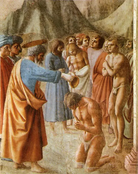 Masaccio. Battesimo dei neofiti. 1424-28. Affresco. Firenze, Santa Maria del Carmine, Cappella Brancacci.