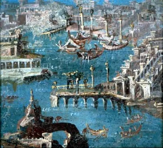 Veduta di un porto. I secolo d.C. 
Pittura murale riportata su pannello. 24x26 cm
Napoli, Museo Archeologico Nazionale