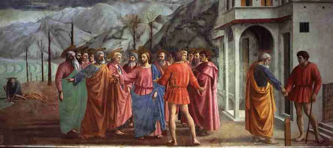 Masaccio. Il tributo. 1424-28 Affresco. Firenze, Chiesa del Carmine, Cappella Brancacci, parete sinistra, registro superiore