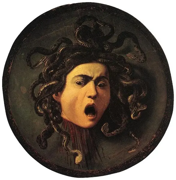 Caravaggio. Medusa. 1596-98. Tempera su tela che riveste uno scudo in legno di pioppo. Firenze, Uffizi.