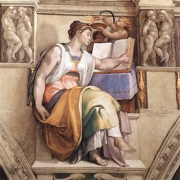 Michelangelo Buonarroti.  Sibilla eritrea. 1509. Affresco. 360 cm × 380 cm.
Roma, 
Città del Vaticano, Cappella Sistina
