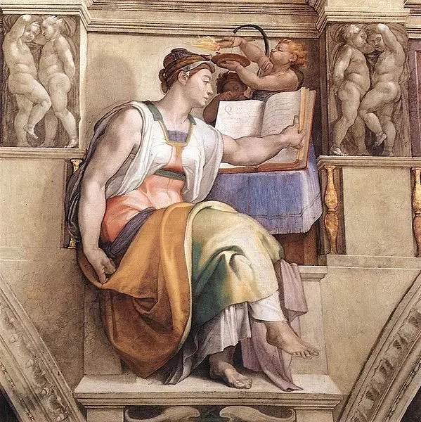 Michelangelo Buonarroti.  Sibilla eritrea. 1509. Affresco. 360 cm × 380 cm.
Roma, 
Città del Vaticano, Cappella Sistina