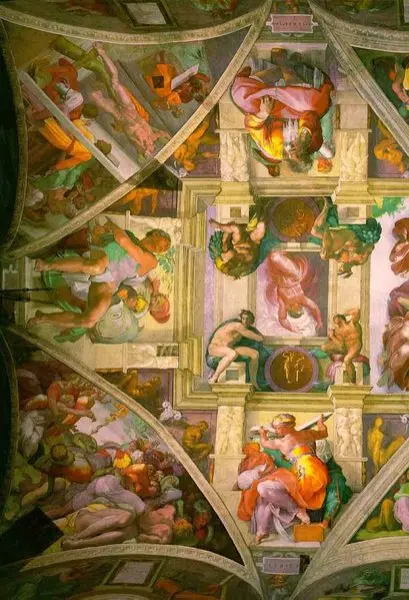 Michelangelo Buonarroti. Cappella Sistina. Dettaglio della volta a sinistra. Affresco.