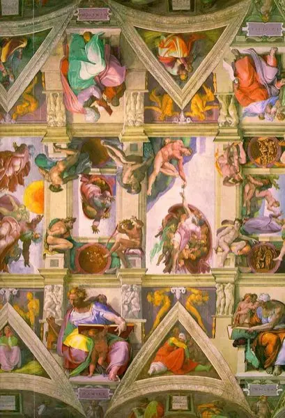 Michelangelo Buonarroti. Cappella Sistina. Dettaglio della volta a sinistra verso il centro. Affresco.