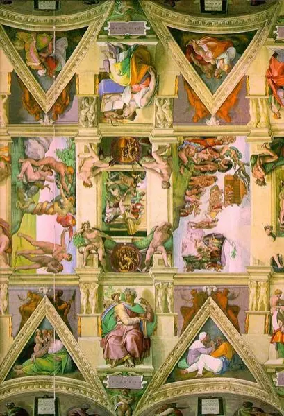 Michelangelo Buonarroti. Cappella Sistina. Dettaglio della volta a destra verso il centro. Affresco.