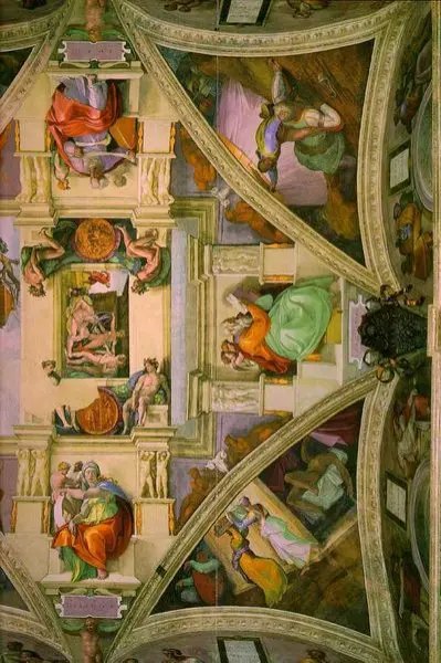 Michelangelo Buonarroti. Cappella Sistina. Dettaglio della volta a destra. Affresco.