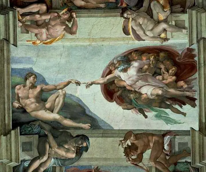 Michelangelo Buonarroti. La creazione di Adamo. 1508-12. Affresco. Cappella Sistina, Roma, Vaticano.