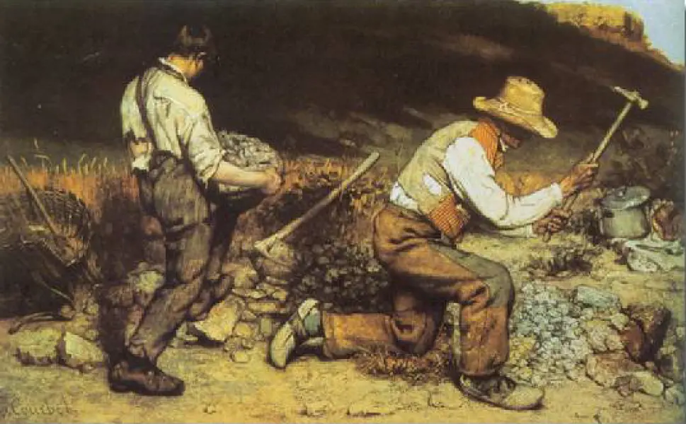 Gustave Courbet. Gli spaccapietre. 1849. Olio su tela. Già a Dresda, Gemaldegallerie, l'opera è stata distrutta durante la seconda guerra mondiale.