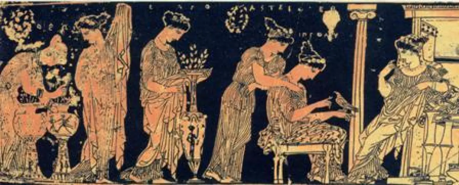 Le attività delle donne in un gineceo nell'antica Grecia. Part. da un vaso greco a figure rosse.