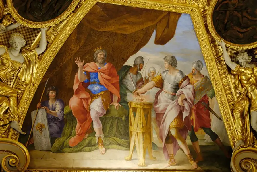 Giovanni Francesco Romanelli. Muzio Scevola davanti a Porsenna. 16551658. Affresco. Parigi, Palazzo del Louvre, Camera della regina