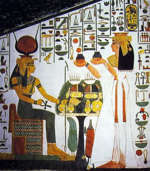 Nefertari offre doni alla dea Hator. 1250 a. C. ca. Rilievo dipinto. Tomba ipogea della regina Nefertiti. Parete orientale del secondo corridoio discendente. Tebe Ovest