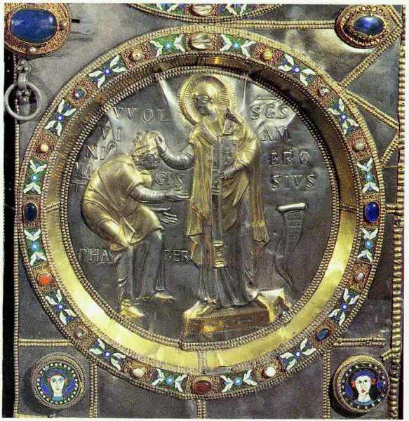 Volvinio, Altare di santAmbrogio, 835. Particolare del santo che incorona Volvinio del fronte posteriore.