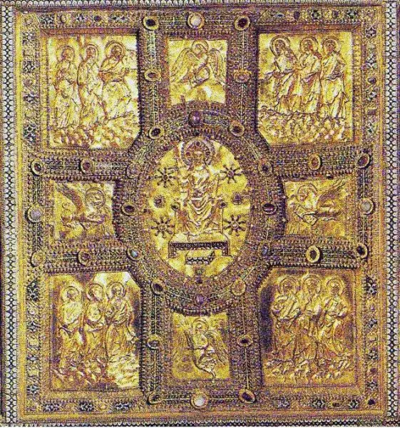 Vuolvinio e collaboratori, Altare di santAmbrogio, particolare della vita di Cristo del frontone anteriore. L a croce clipeata con Cristo, il tetramorfo nei suoi bracci e i dodici apostoli.